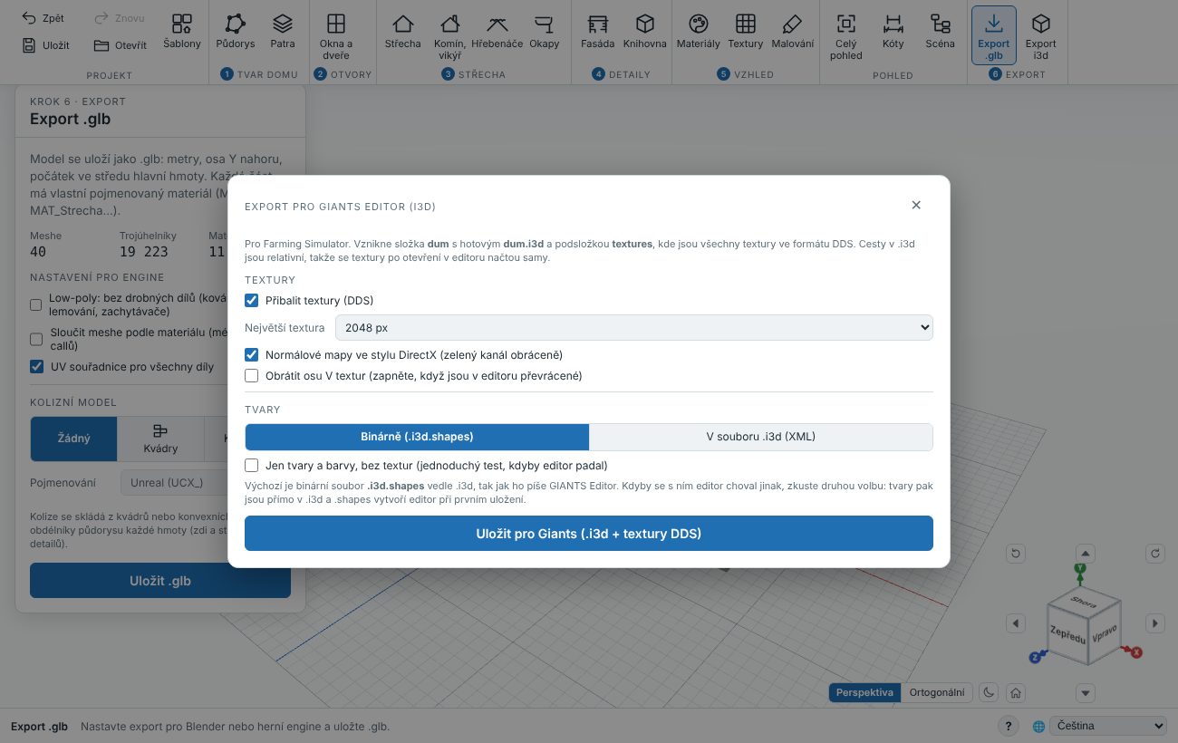 Okno exportu i3d pro GIANTS Editor